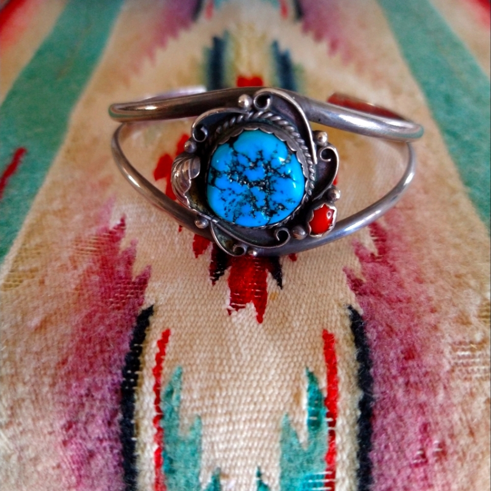 Silver turquoise & coral bracelet